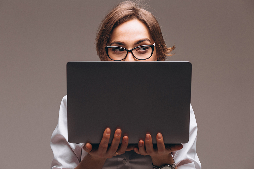 business woman with computer isolated 1